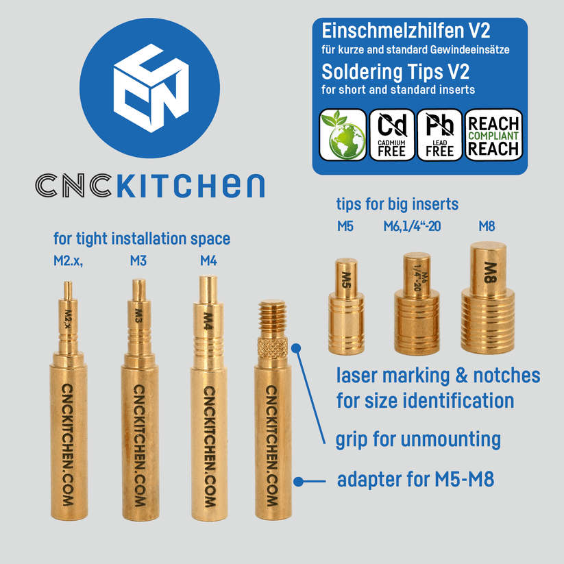 CNC Kitchen Heat Set Insert Soldering Iron Tips for 900M or T18 Iron M2 to M8 - sayercnc - 3D Printer Parts Australia