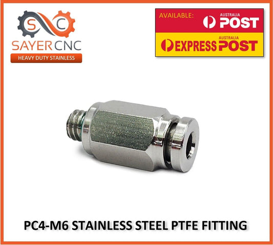 PTFE Fitting Stainless Steel 25mm PC4-M6 Bowden Pneumatic Connector All Metal - sayercnc - 3D Printer Parts Australia