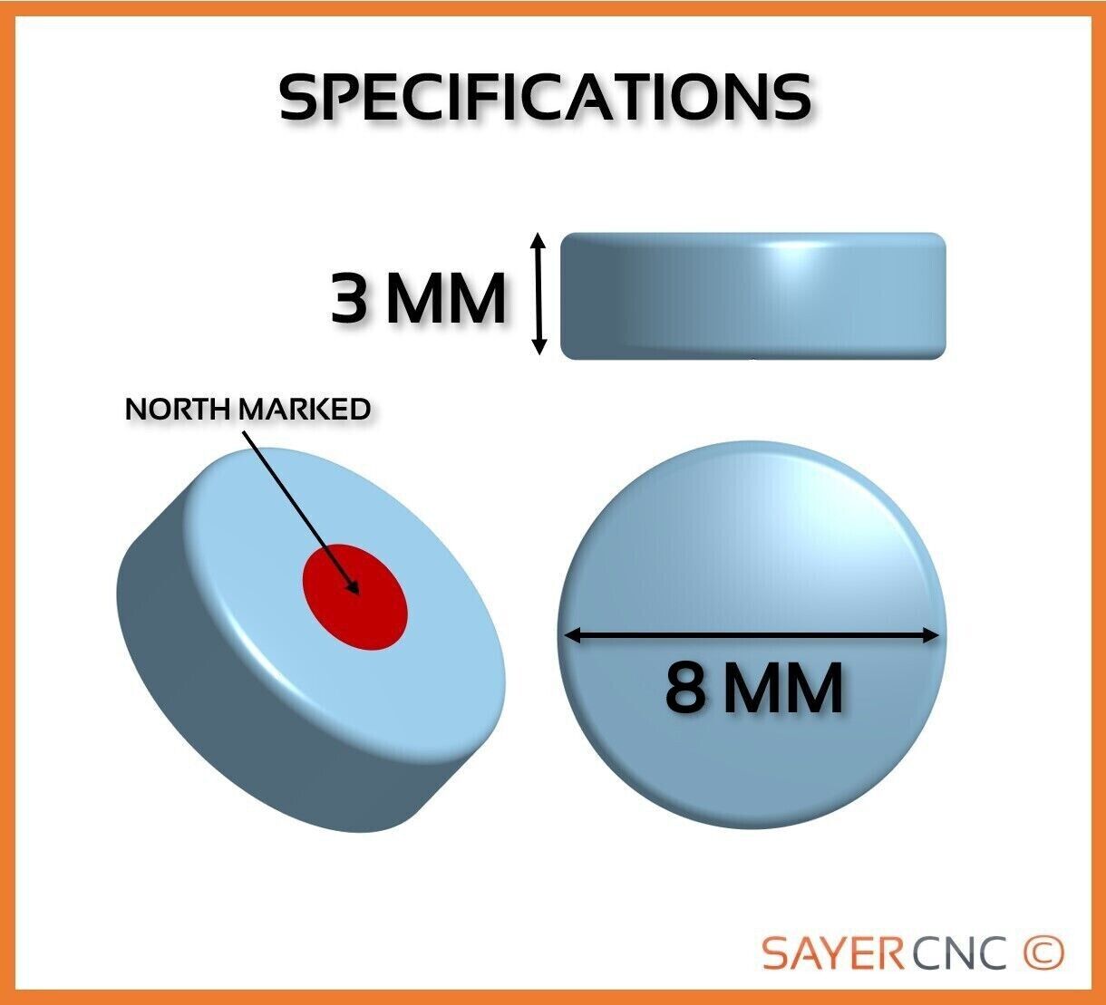 Genuine N52 Grade Magnet 8x3 mm Neodymium Disc Button North Polarity Marked 1pc - sayercnc - 3D Printer Parts Australia