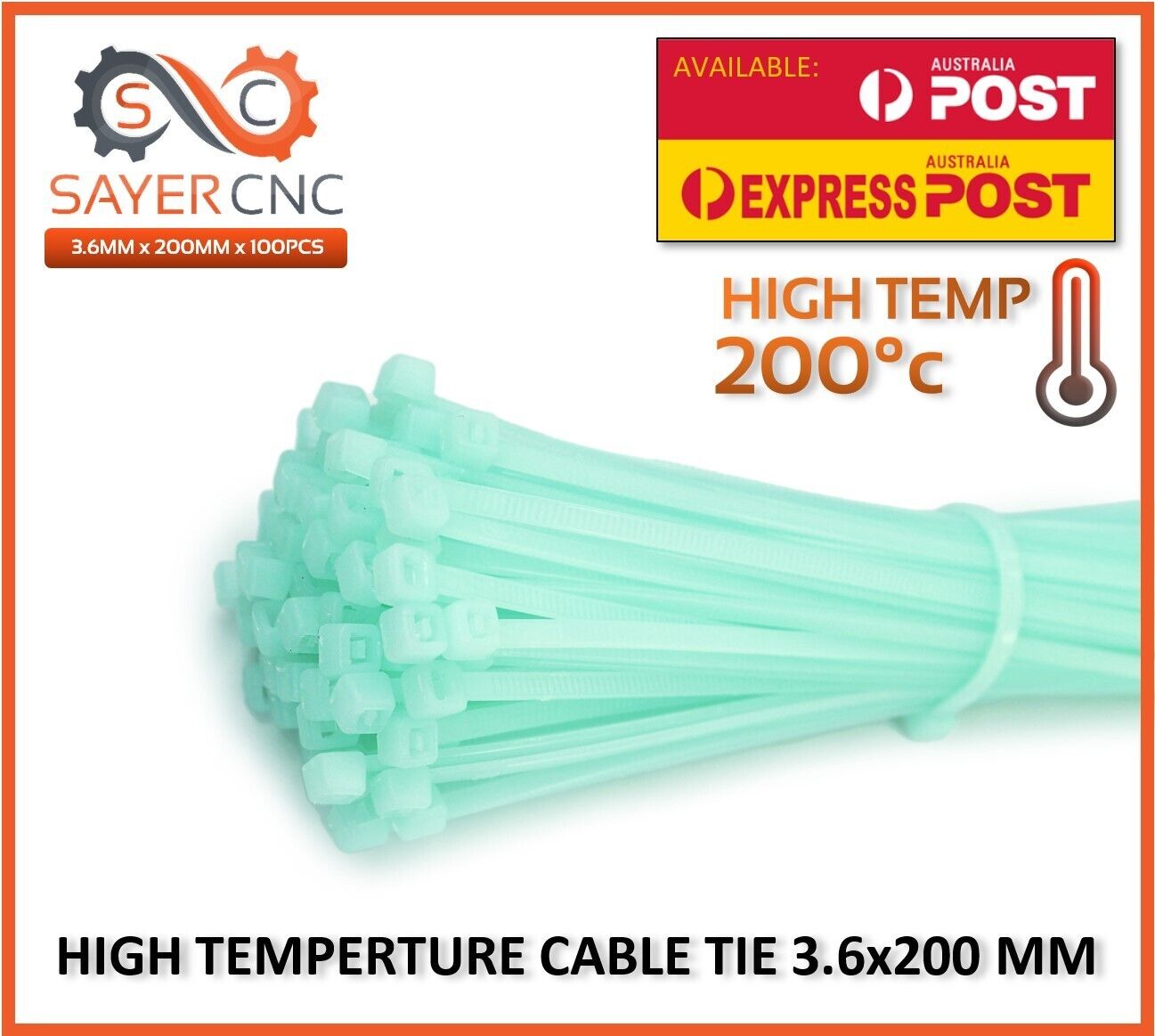 Cable Zip Tie high Temperature PA46 200c 3.6mm x 200mm Green Natural Colour - sayercnc - 3D Printer Parts Australia