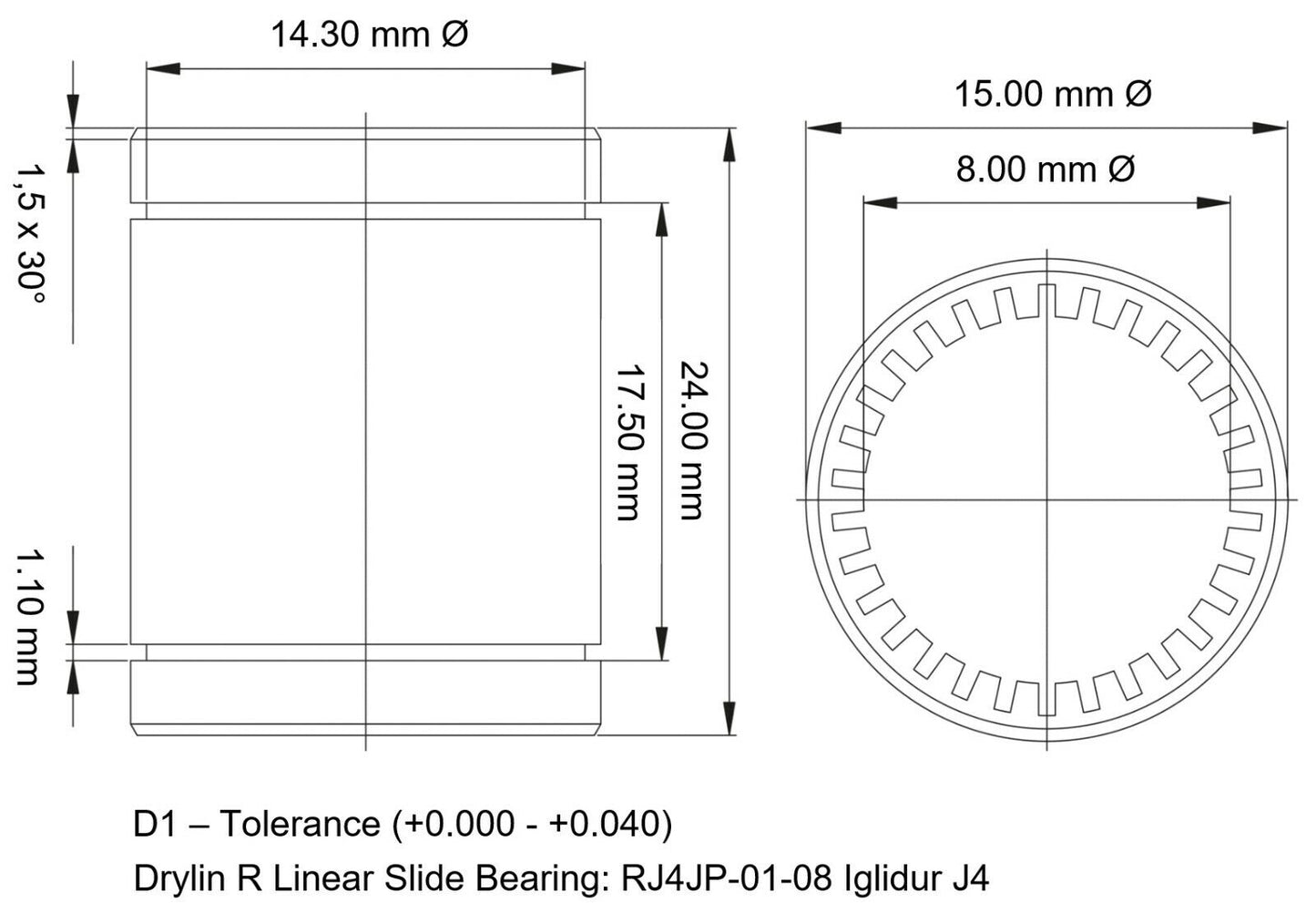 Igus Drylin RJ4JP-01 LM8UU Genuine Linear Slide Polymer Bearing Bushing - sayercnc - 3D Printer Parts Australia