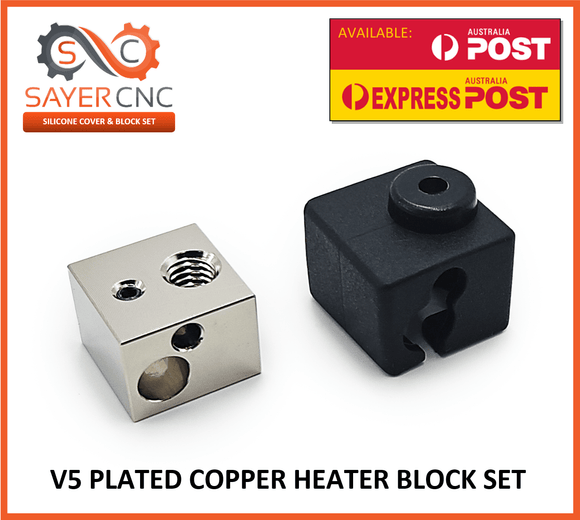 Plated Copper Heater Block to Suit V5 Style Applications with Silicone Cover - sayercnc - 3D Printer Parts Australia