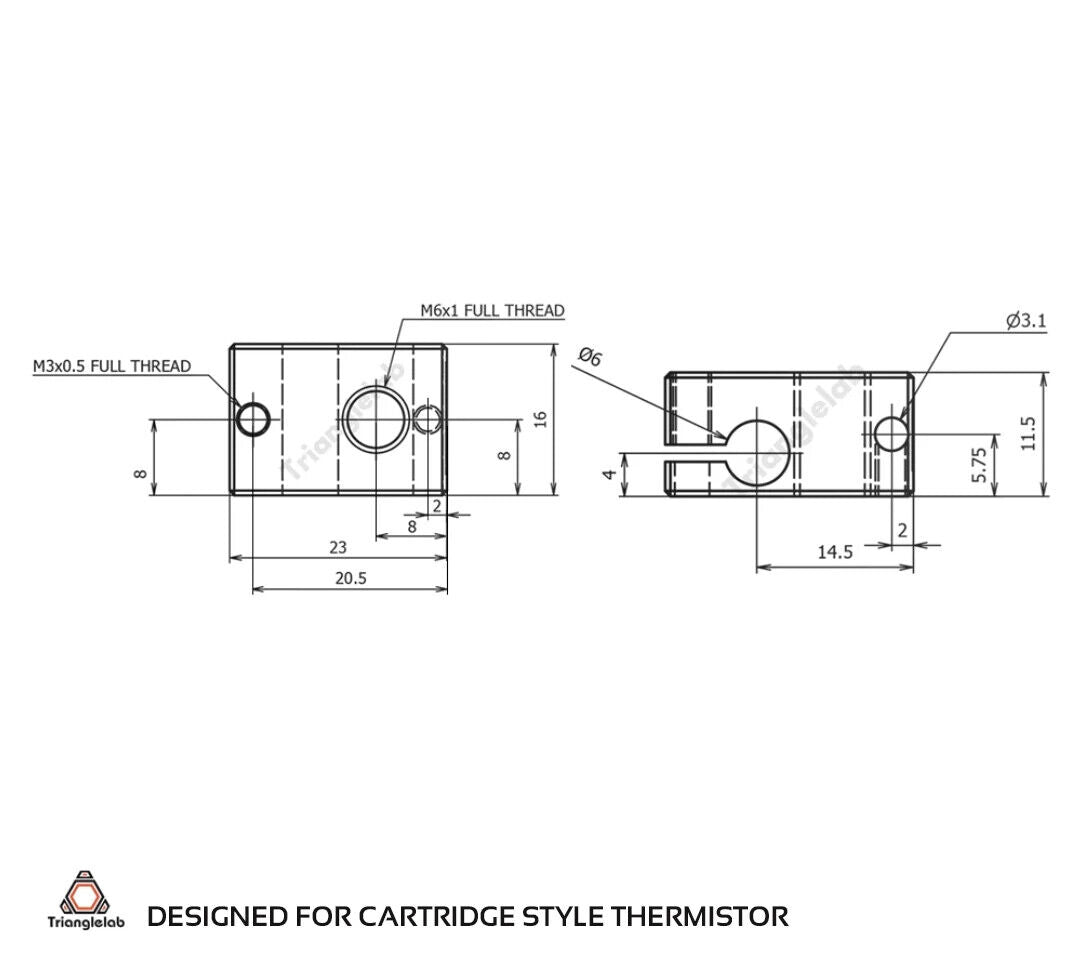 Triangle-Lab Aluminium Heater Block PT100 To Suit E3D V6 Hotends - sayercnc - 3D Printer Parts Australia