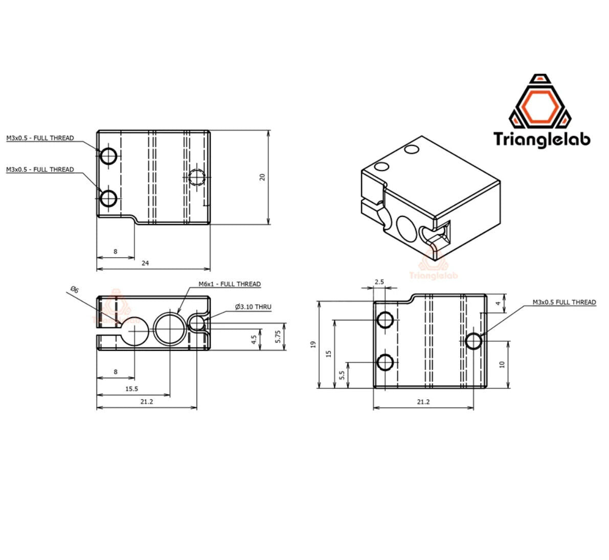 Triangle-Lab Aluminium Heater Block To Suit E3D Volcano Style Hotends - sayercnc - 3D Printer Parts Australia